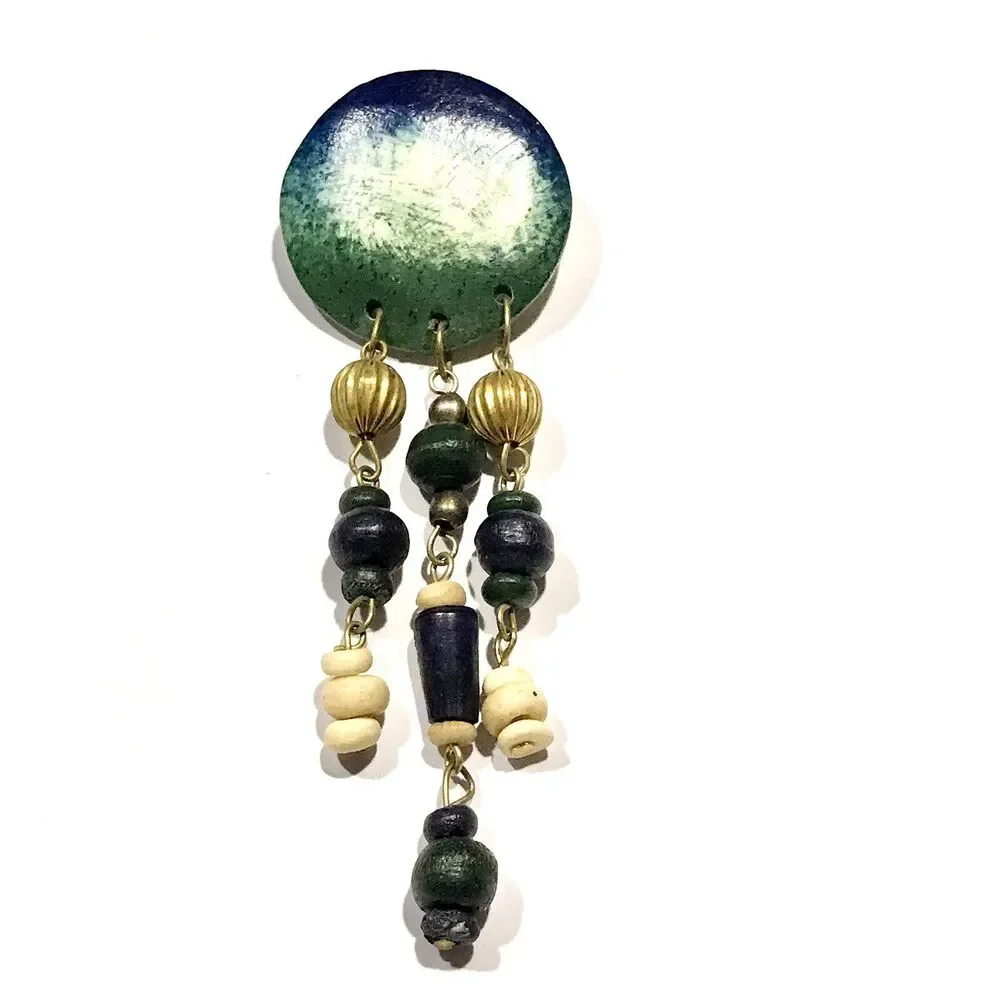 Vintage Boho Wood Beaded Resin Brooch Pin Gold Tone Blue Green Beige Artist Made